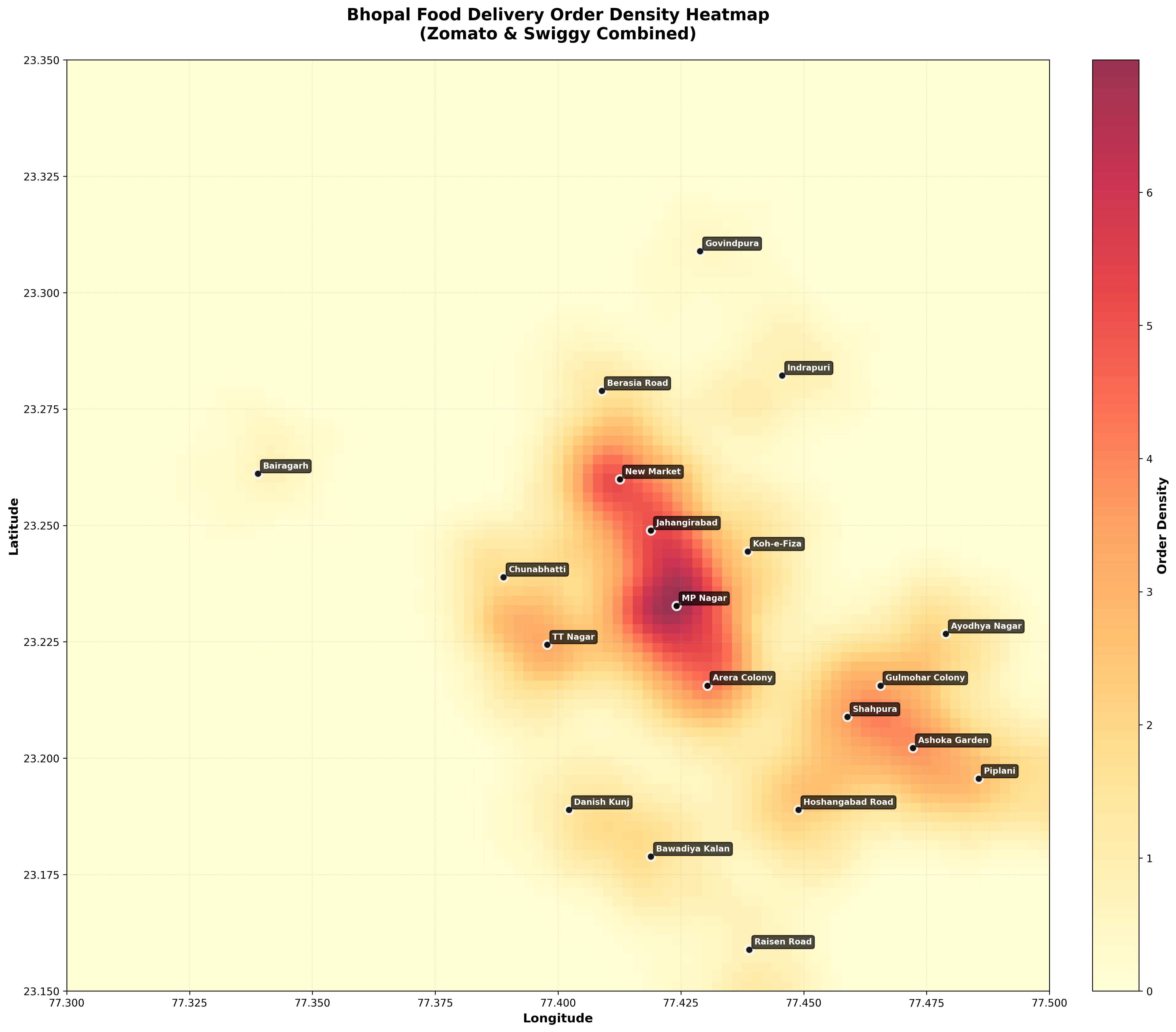 Heatmap showing food delivery concentration in Bhopal